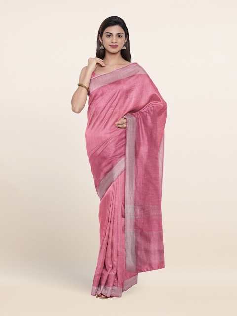 

Pothys Pink & Silver-Coloured Woven Design Zari Linen Blend Saree
