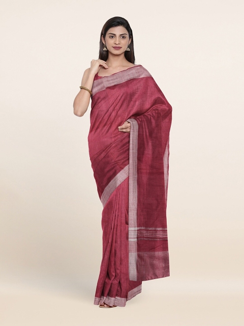 

Pothys Maroon & Silver-Toned Zari Linen Blend Saree