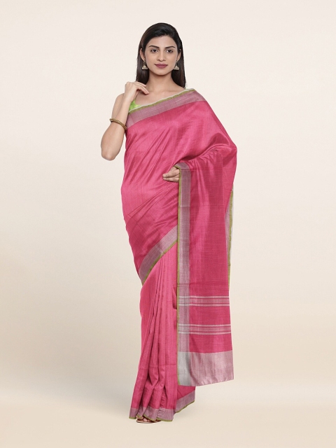 

Pothys Pink & Silver-Toned Zari Linen Blend Saree