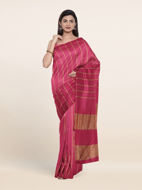 

Pothys Magenta & Gold-Coloured Striped Zari Jute Cotton Saree