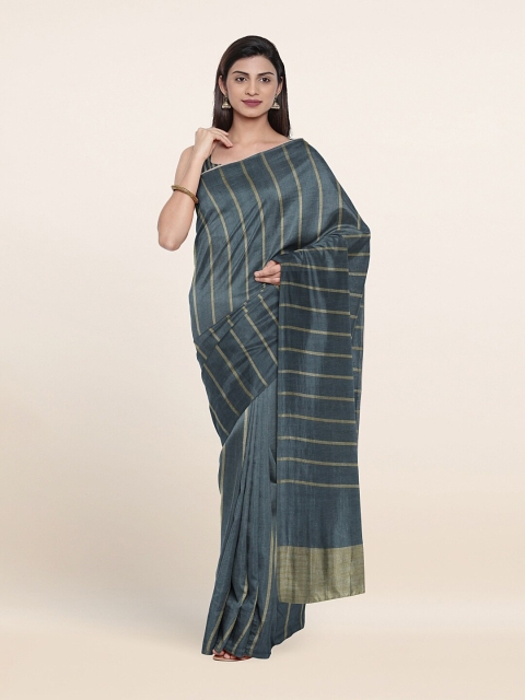 

Pothys Grey & Gold-Toned Striped Zari Jute Cotton Saree