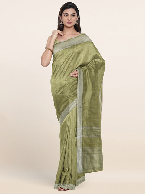 

Pothys Green & Silver-Toned Zari Linen Blend Saree