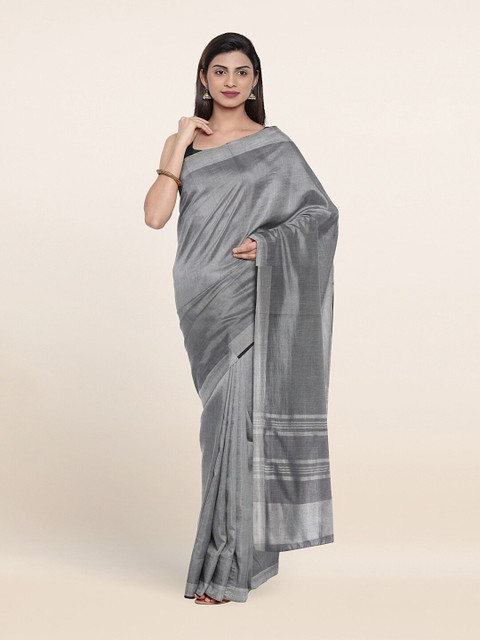 

Pothys Grey & Silver Solid Linen Saree