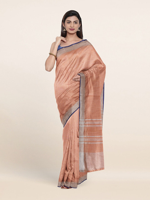 

Pothys Peach-Coloured & Blue Zari Linen Blend Saree