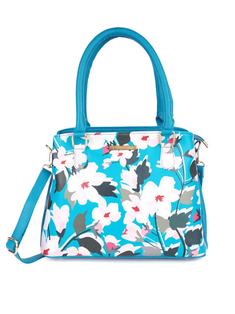 

Lapis O Lupo Turquoise Blue Floral Printed Structured Handheld Bag