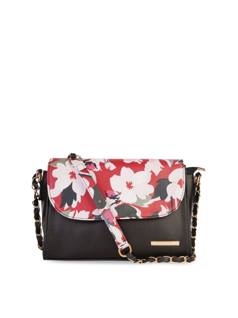 

Lapis O Lupo Black Floral Printed Structured Sling Bag with Bow Detail