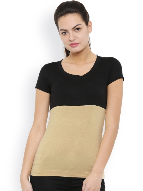 

De Moza Women Beige & Black Colourblocked Round Neck T-shirt