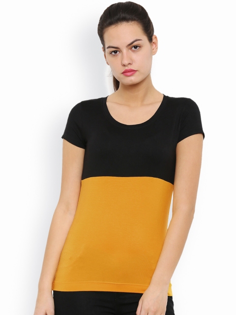 

De Moza Women Black & Mustard Yellow Colourblocked Round Neck T-shirt