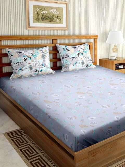 

BELLA CASA Blue & Off White Floral 180 TC King Bedsheet with 2 Pillow Covers