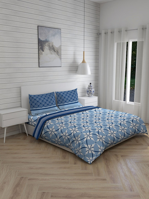 

Layers Blue Printed Double Queen Bedsheet With 2 Pillow Covers & Comforter
