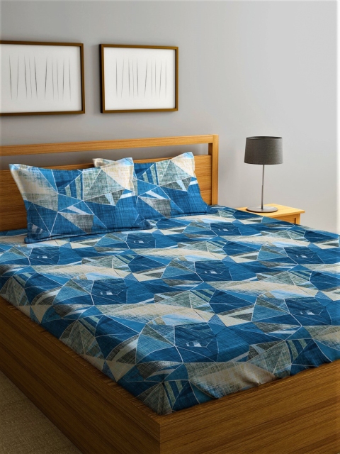 

Home Sizzler Blue & Cream-Coloured Geometric 210 TC King Bedsheet with 2 Pillow Covers