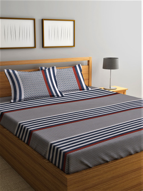 

Home Sizzler Blue 210 TC Striped Cotton King Bedsheet With 2 Pillow Covers