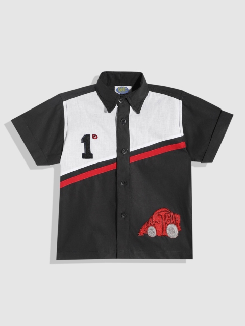 

YK Boys White & Navy Blue Colourblocked Applique Casual Shirt