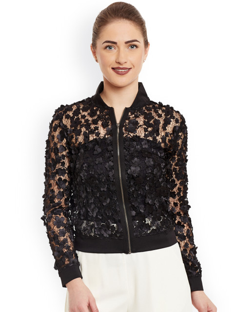 

Kazo Black Sheer Applique Detail Bomber Jacket