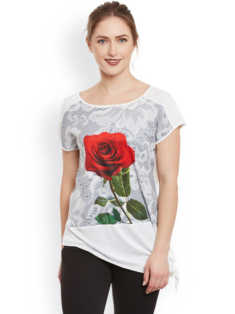 

Kazo Women White Printed Round Neck T-shirt