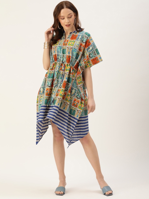 

COUPER & COLL Women Blue & White Ethnic Motifs Printed Kaftan Dress
