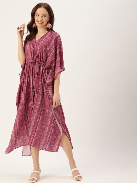

COUPER & COLL Women Burgundy & Beige Ethnic Motifs Printed Kaftan Midi Dress