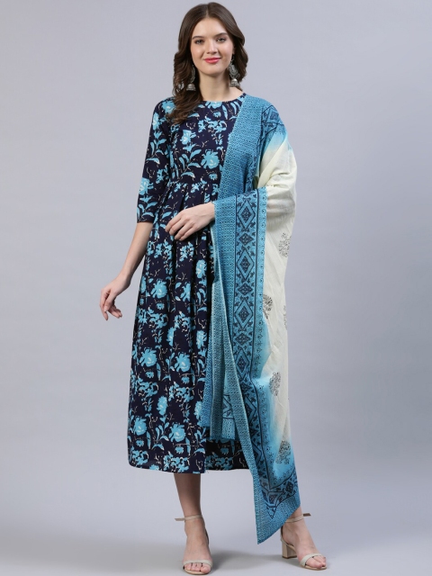 

AASI - HOUSE OF NAYO Navy Blue Floral Ethnic Midi Cotton Dress With Duppatta