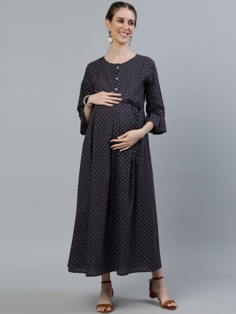 

AASI - HOUSE OF NAYO Charcoal Maternity Cotton Printed Round Neck Fit & Flare Dress