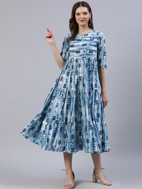 

AASI - HOUSE OF NAYO Women Blue & White Tie-dye Printed Midi Tiered Dress