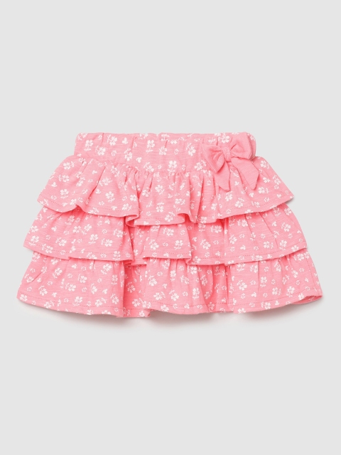 

max Girls Coral Pink Floral Printed Cotton Flared Knee-Length Skirt