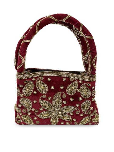 

LELYS Maroon Ethnic Motifs Embellished Velvet Shopper Tote Bag