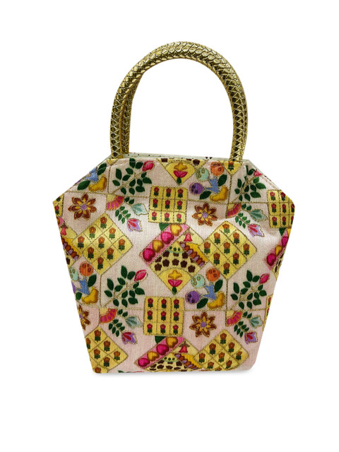 

LELYS Peach-Coloured Printed Bucket Tote Bag with Cut Work