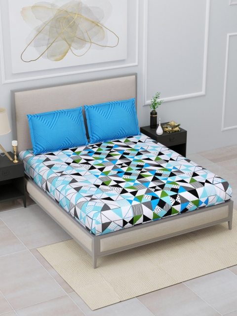 

Home Fresh Blue & White Geometric 120 TC Cotton Queen Bedsheet with 2 Pillow Covers