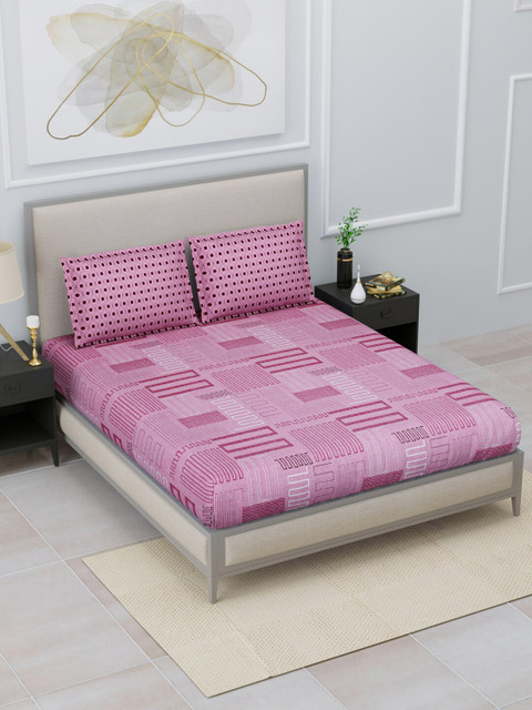 

Home Fresh Pink & White Geometric 120 TC Queen Bedsheet with 2 Pillow Covers