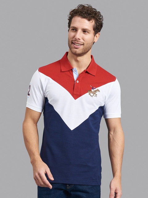 

Beverly Hills Polo Club Men Red & Navy Blue Striped Polo Collar Cotton T-shirt