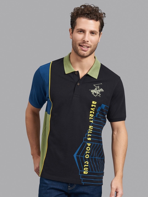 

Beverly Hills Polo Club Men Black & Blue Typography Printed Polo Collar Cotton T-shirt