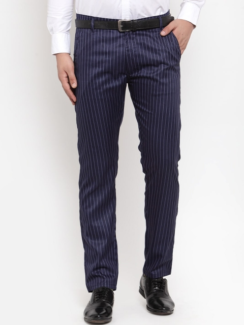 

JAINISH Men Navy Blue Striped Smart Slim Fit Easy Wash Trousers