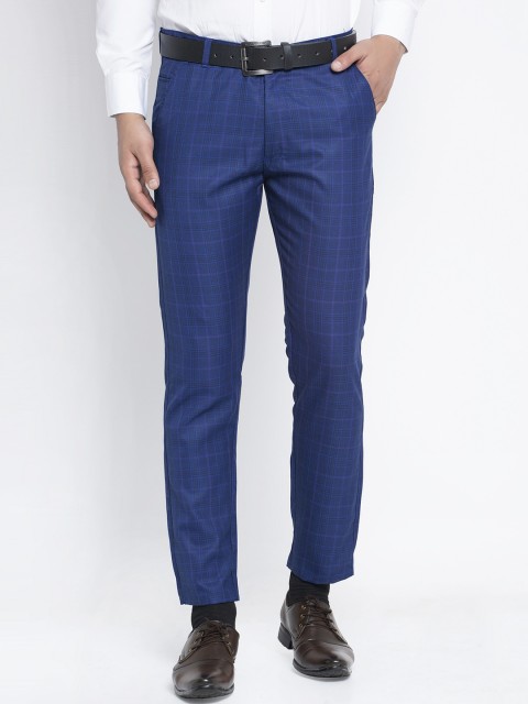 

JAINISH Men Blue Checked Smart Slim Fit Easy Wash Trousers