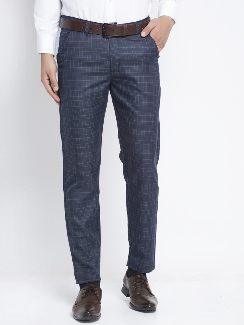 

JAINISH Men Navy Blue Checked Smart Slim Fit Cotton Formal Trousers