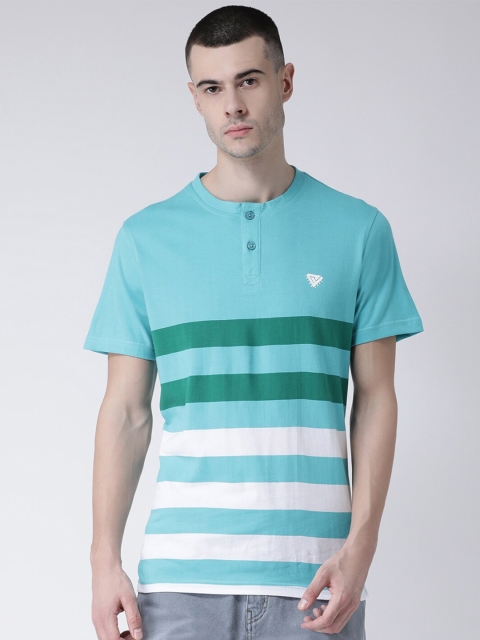 

Club York Men Blue Striped Henley Neck Applique T-shirt