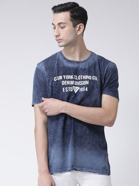 

Club York Men Navy Blue Typography Printed Raw Edge Dyed T-shirt