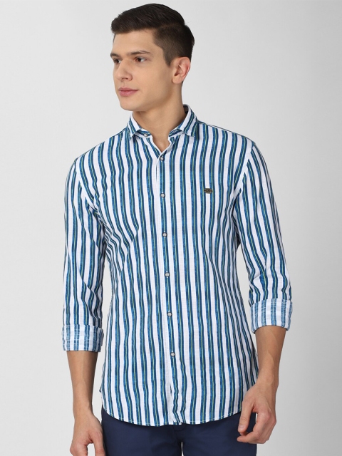 

Peter England Casuals Men Blue Slim Fit Striped Pure Cotton Casual Shirt