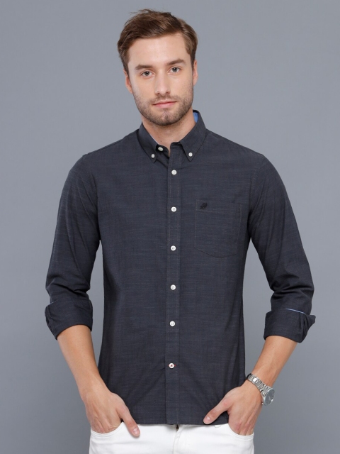 

Double Two Men Grey Smart Solid Cotton Casual Shirt