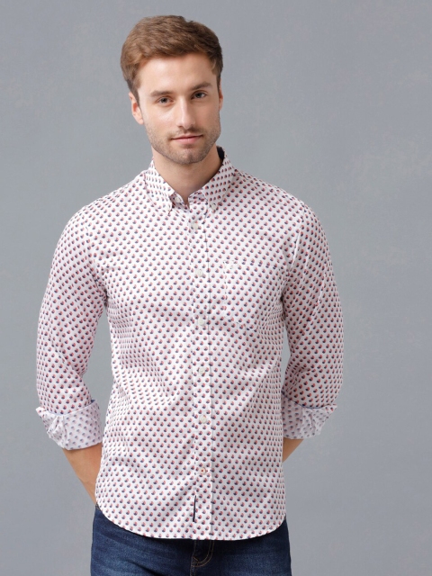 

Double Two Men White & Orange Smart Polka Dots Printed Casual Shirt