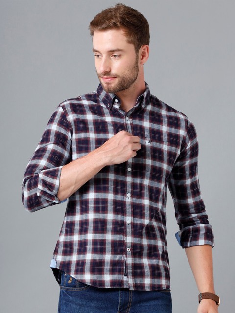 

Double Two Men Maroon & Navy Blue Smart Tartan Checks Checked Casual Cotton Shirt