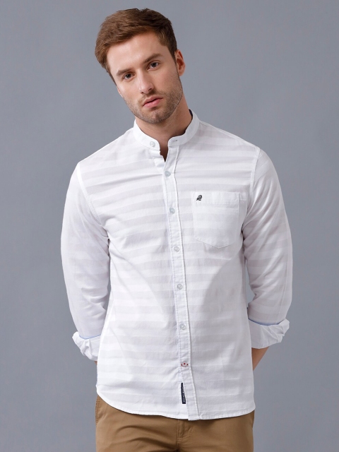 

Double Two Men White Smart Horizontal Striped Mandarin Collar Casual Shirt
