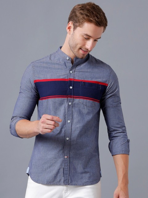 

Double Two Men Blue Smart Horizontal Striped Casual Shirt