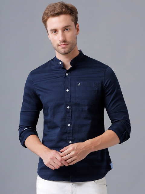 

Double Two Men Navy Blue Smart Horizontal Stripes Striped Casual Shirt