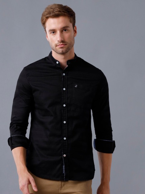 

Double Two Men Black Smart Horizontal Striped Mandarin Collar Casual Shirt