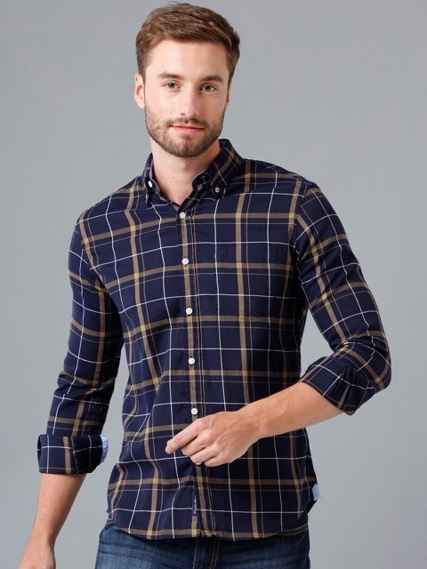 

Double Two Men Navy Blue Smart Checked Casual Shirt