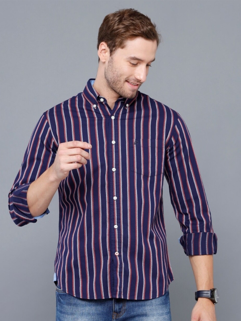 

Double Two Men Navy Blue Smart Striped Casual Shirt