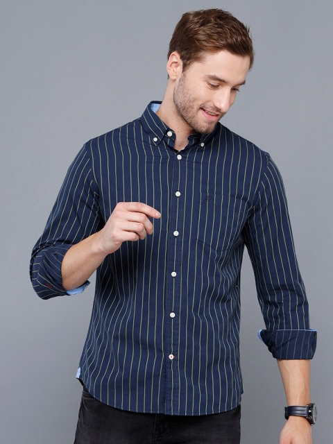 

Double Two Men Navy Blue & Green Smart Striped Casual Shirt