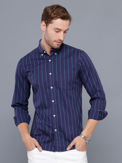 

Double Two Men Navy Blue Striped Smart Cotton Casual Shirt