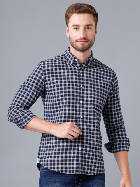 

Double Two Men Navy Blue Smart Checked Casual Shirt