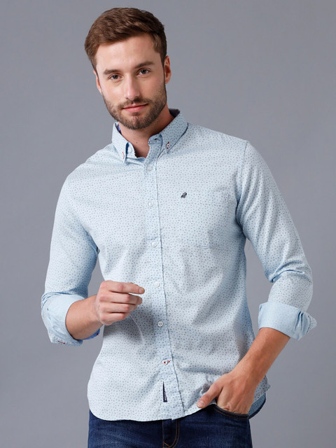 

Double Two Men Blue Smart Printed Casual Shirt